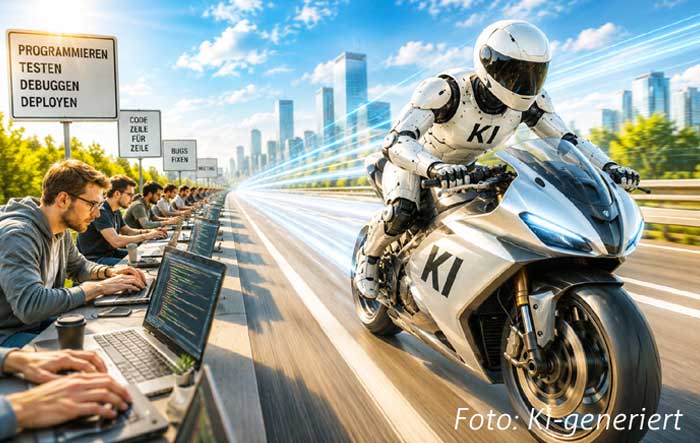Cyborg auf Motorrad, rast an einer Reihe Programmierer vorbei